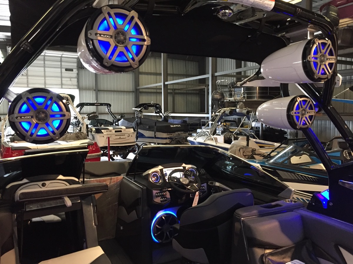 Tower audio: Tower and interior speakers lit up in the shop